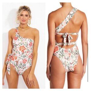 Hot As Hell One-Shoulder Floral Print Swimsuit With Tie Waist  Swimwear  Size M